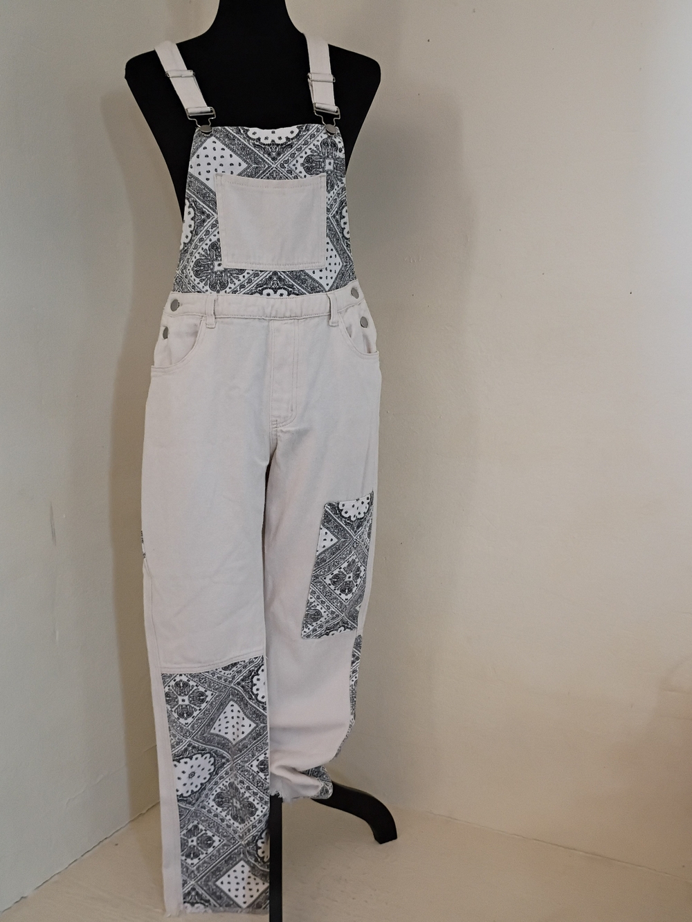 POL Cream Denim Overalls with Black Bandana Patchwork